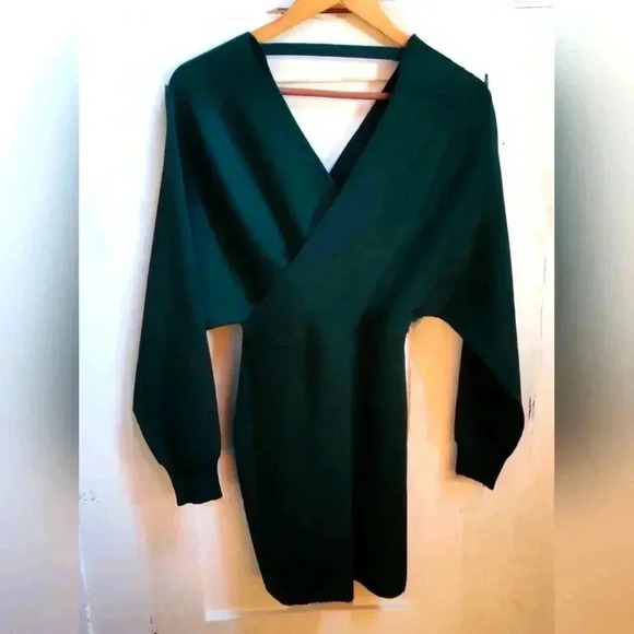 Dark Green Mini Sweater Knit Wrap Dress | Size Medium - Picture 4 of 7